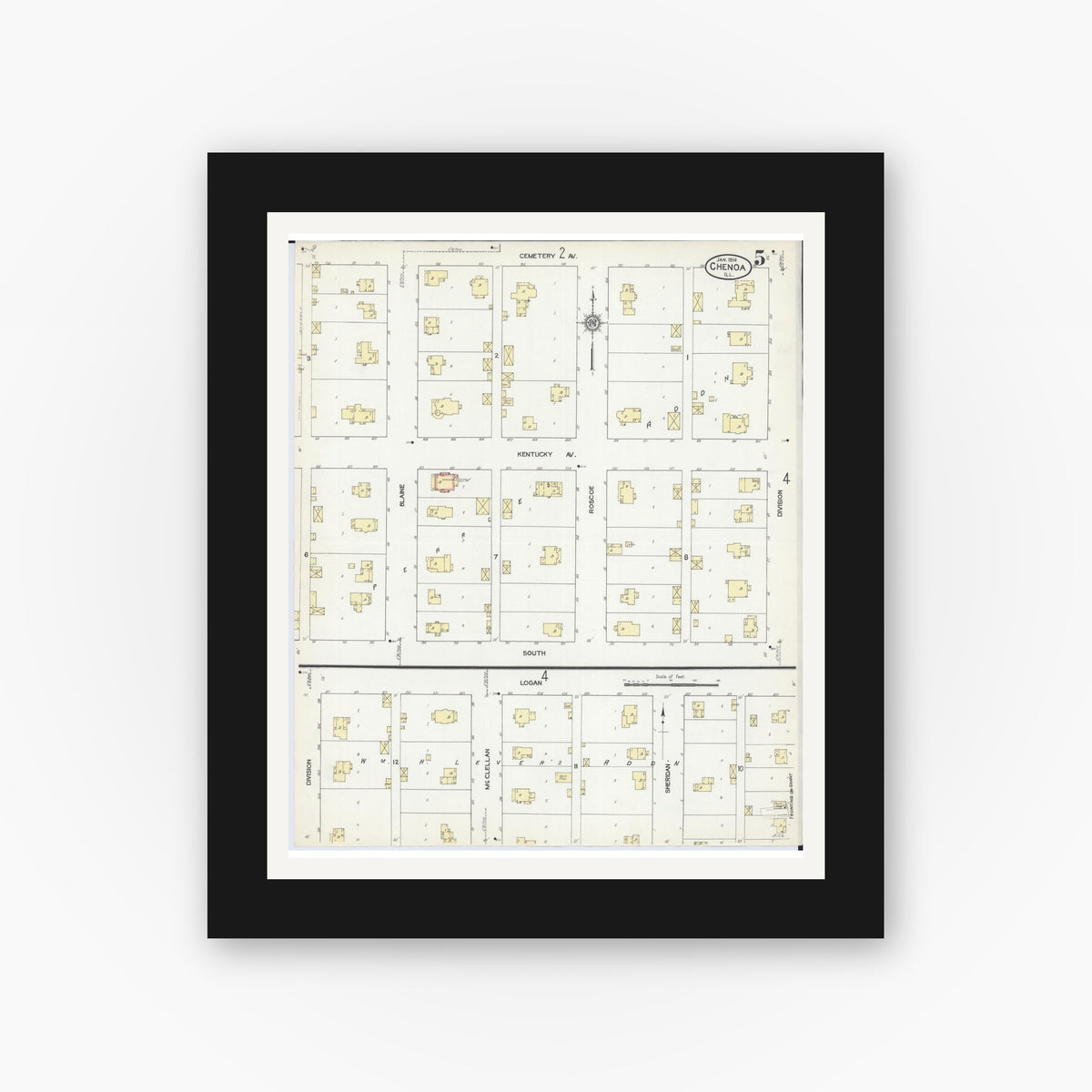 Old map wall art mockup — black gallery frame with white mat — Sanborn Fire Insurance Map from Chenoa, McLean County, Illinois (1914), Sheet #0005