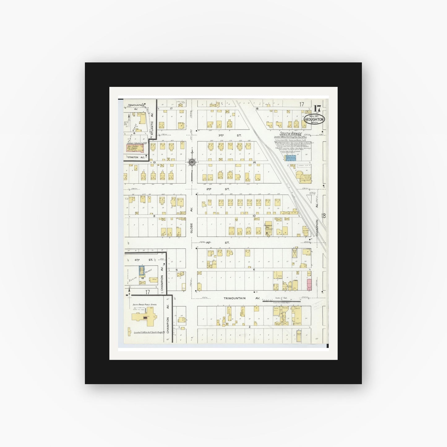 Old map wall art mockup — black gallery frame with white mat — Sanborn Fire Insurance Map from Houghton, Houghton County, Michigan (1917), Sheet #0017