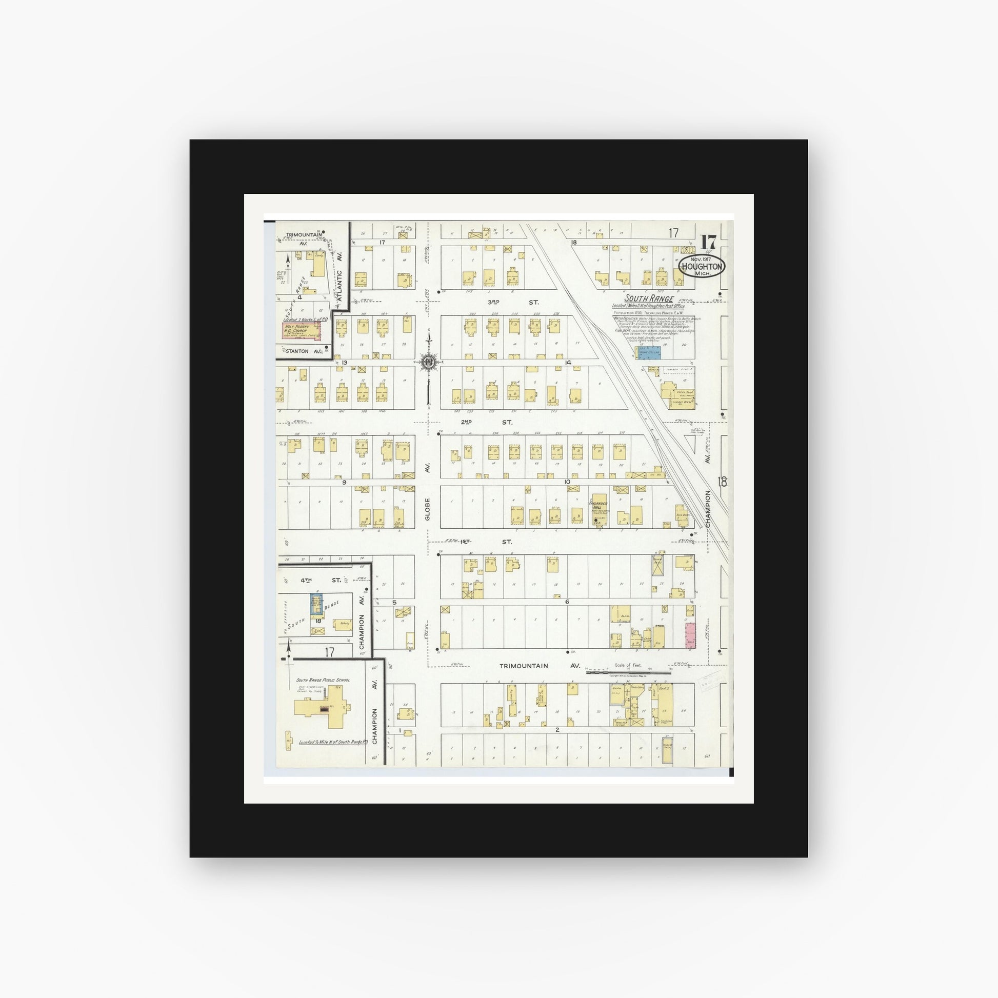 Old map wall art mockup — black gallery frame with white mat — Sanborn Fire Insurance Map from Houghton, Houghton County, Michigan (1917), Sheet #0017