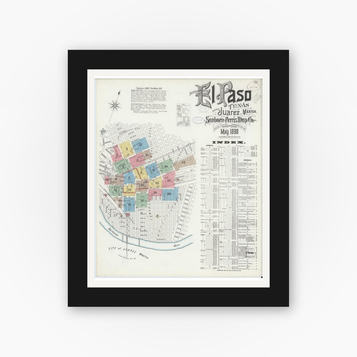 Old map wall art mockup — black gallery frame with white mat — Sanborn Fire Insurance Map from El Paso, El Paso County, Texas (1898), Sheet #0001