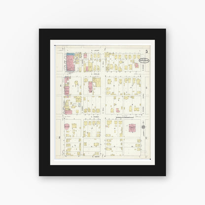 Old map wall art mockup — black gallery frame with white mat — Sanborn Fire Insurance Map from Harrisburg, Saline County, Illinois (1913), Sheet #0005