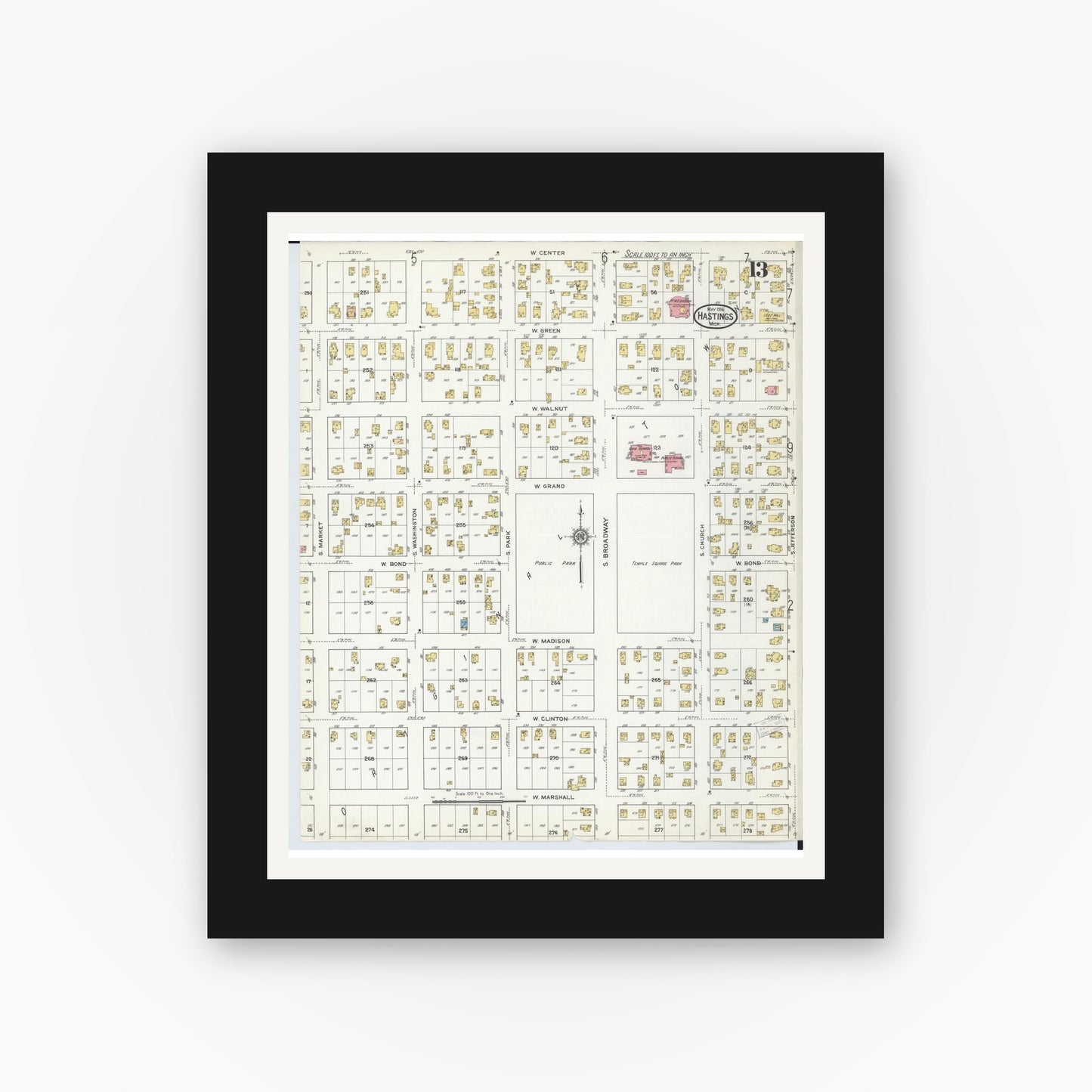 Old map wall art mockup — black gallery frame with white mat — Sanborn Fire Insurance Map from Hastings, Barry County, Michigan (1916), Sheet #0013