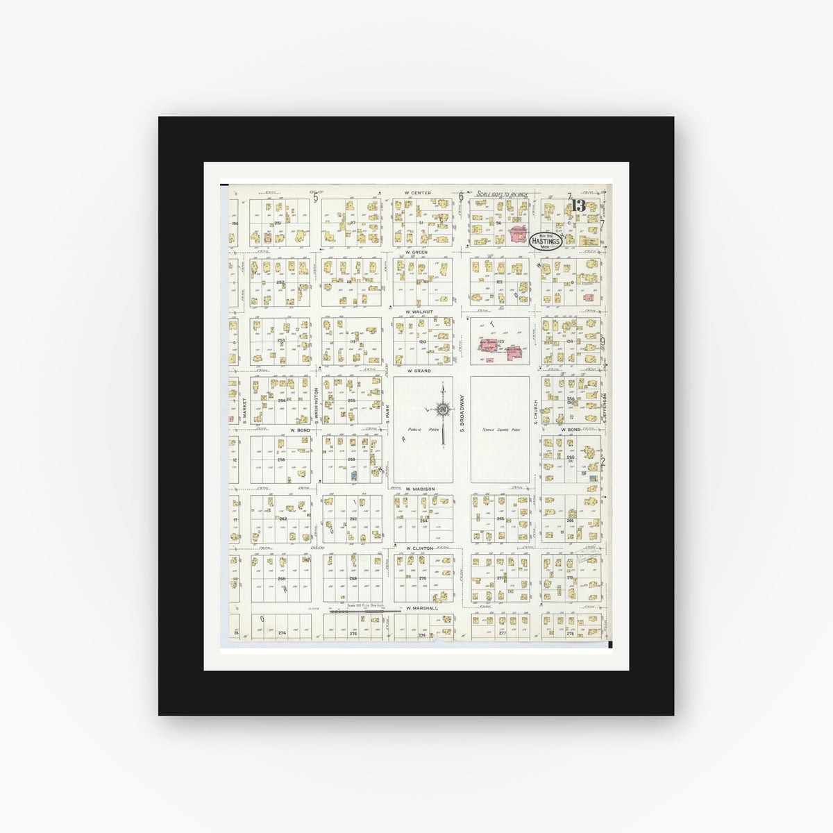 Old map wall art mockup — black gallery frame with white mat — Sanborn Fire Insurance Map from Hastings, Barry County, Michigan (1916), Sheet #0013