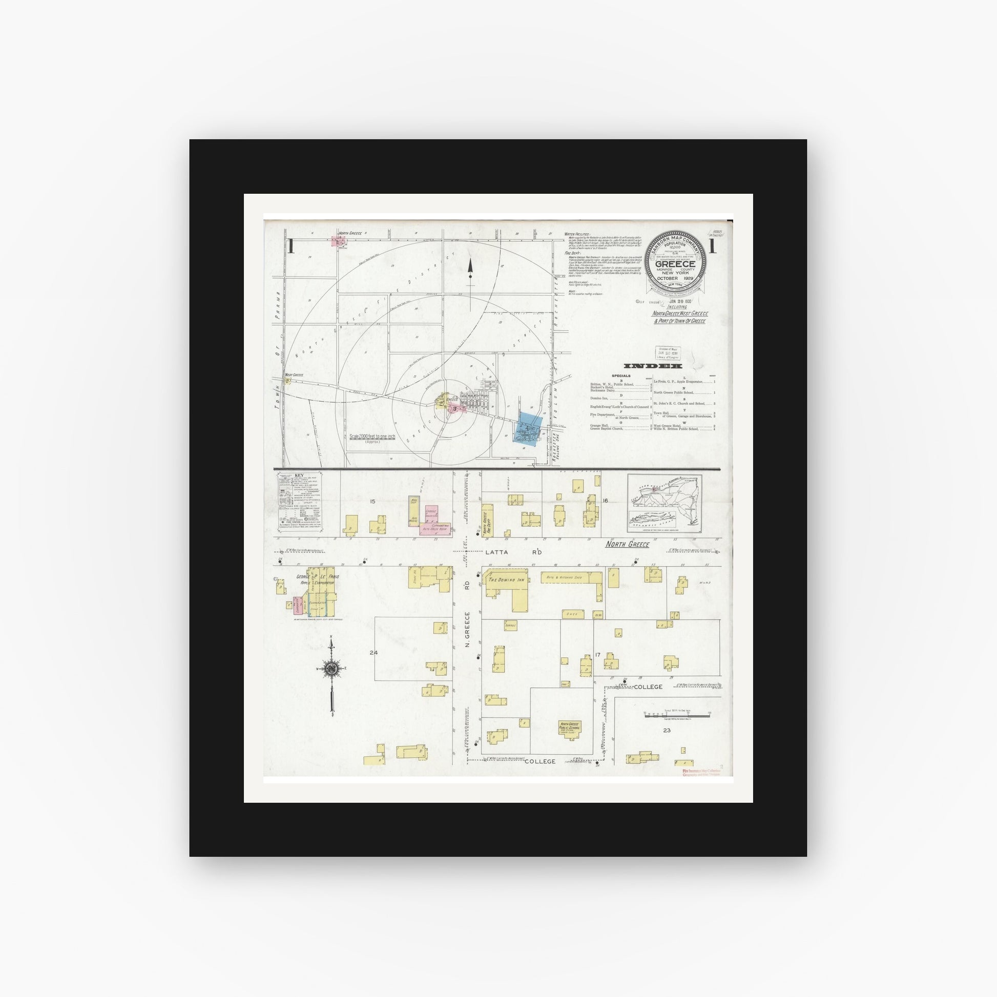 Old map wall art mockup — black gallery frame with white mat — Sanborn Fire Insurance Map from Greece, Monroe County, New York (1929), Sheet #0001