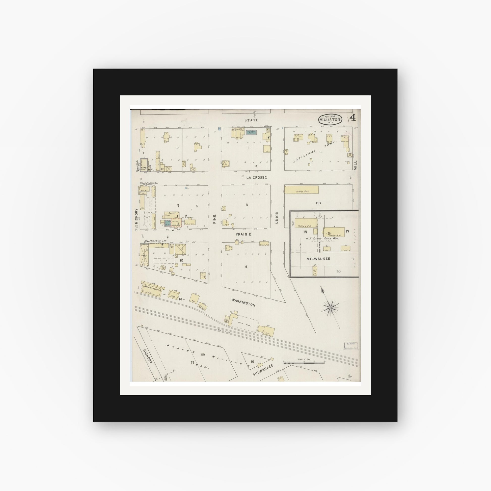 Old map wall art mockup — black gallery frame with white mat — Sanborn Fire Insurance Map from Mauston, Juneau County, Wisconsin (1894), Sheet #0004