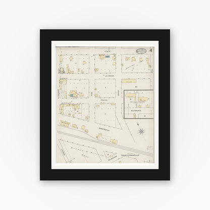 Old map wall art mockup — black gallery frame with white mat — Sanborn Fire Insurance Map from Mauston, Juneau County, Wisconsin (1894), Sheet #0004