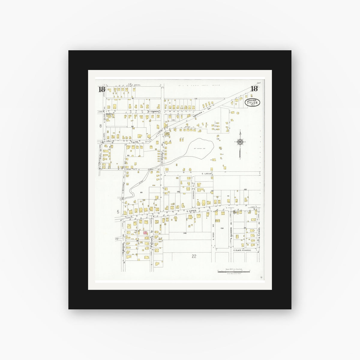 Old map wall art mockup — black gallery frame with white mat — Sanborn Fire Insurance Map from Tyler, Smith County, Texas (1928), Sheet #0018