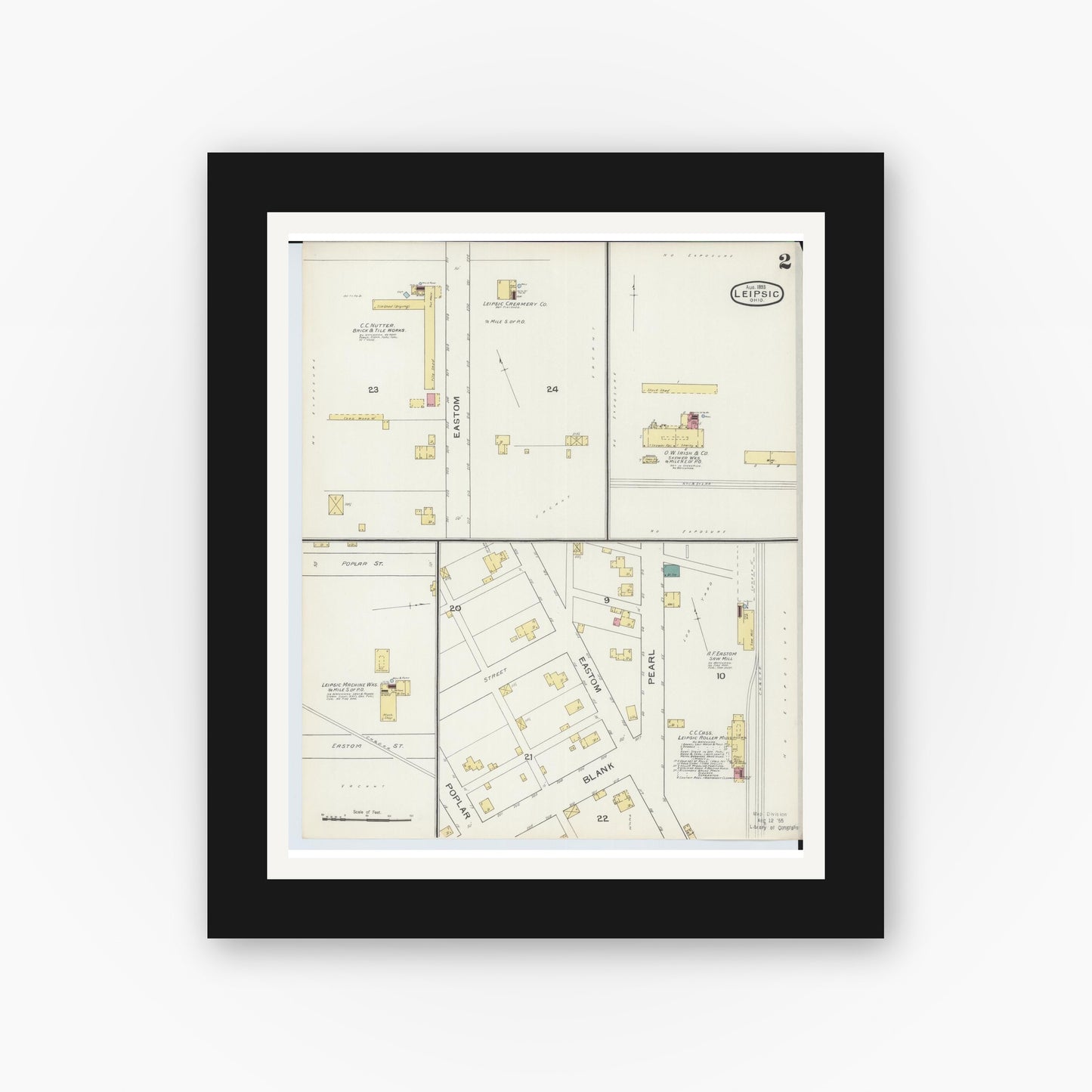 Old map wall art mockup — black gallery frame with white mat — Sanborn Fire Insurance Map from Leipsic, Putnam County, Ohio (1893), Sheet #0002
