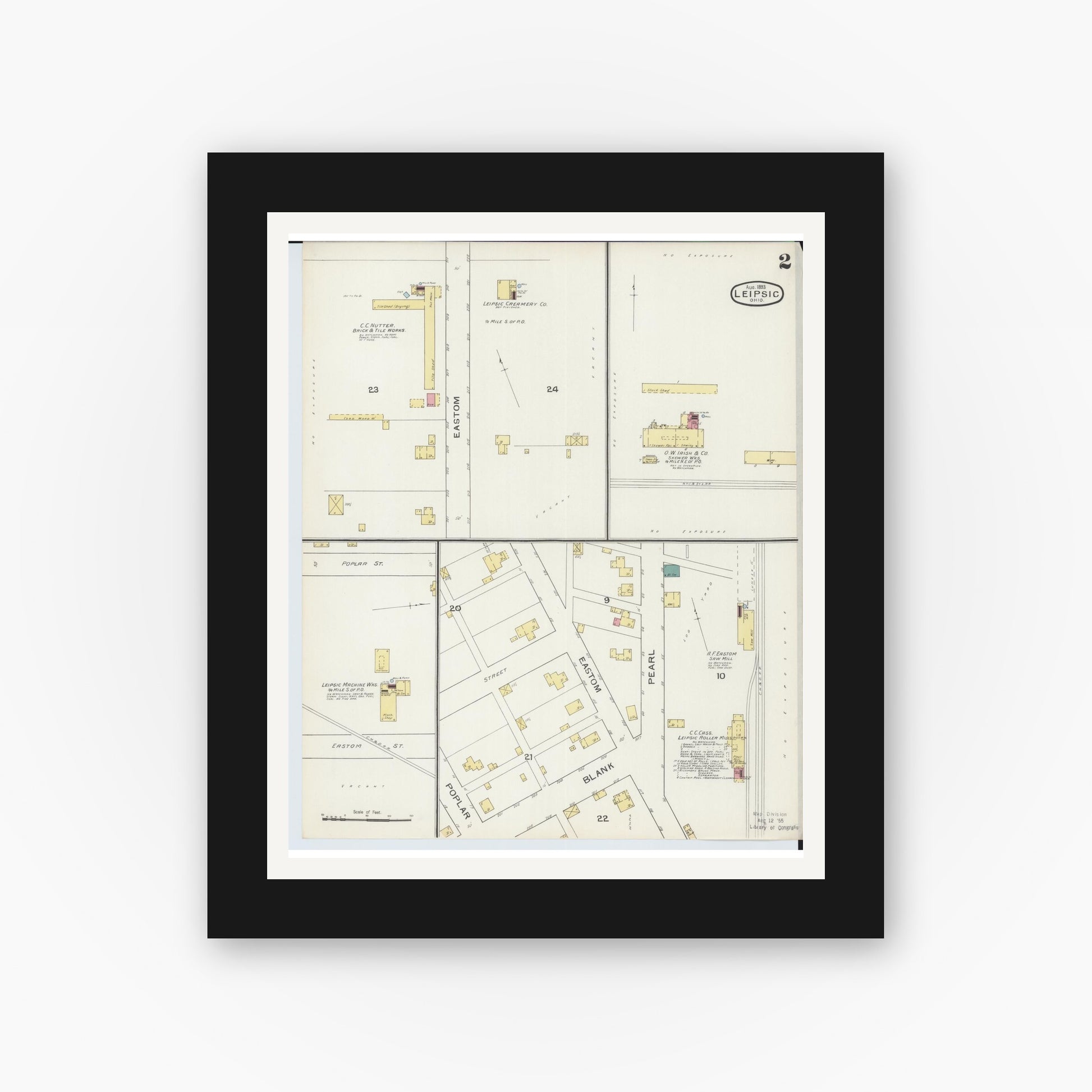 Old map wall art mockup — black gallery frame with white mat — Sanborn Fire Insurance Map from Leipsic, Putnam County, Ohio (1893), Sheet #0002