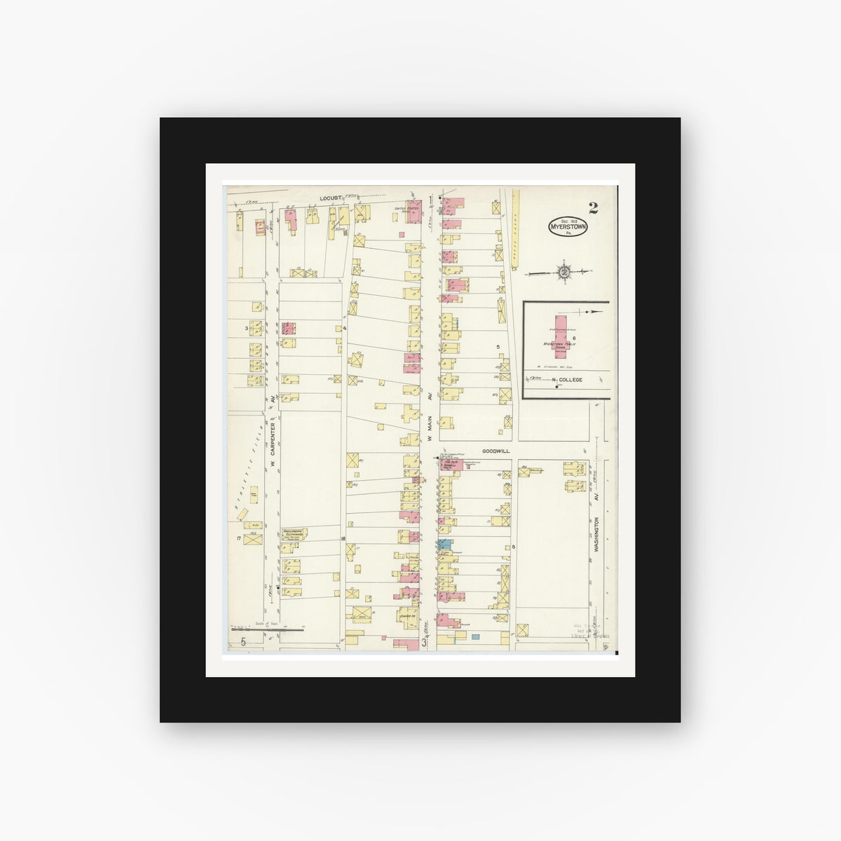 Old map wall art mockup — black gallery frame with white mat — Sanborn Fire Insurance Map from Myerstown, Lebanon County, Pennsylvania (1913), Sheet #0002