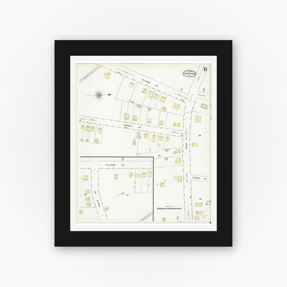 Old map wall art mockup — black gallery frame with white mat — Sanborn Fire Insurance Map from Chatham, Morris County, New Jersey (1909), Sheet #0008