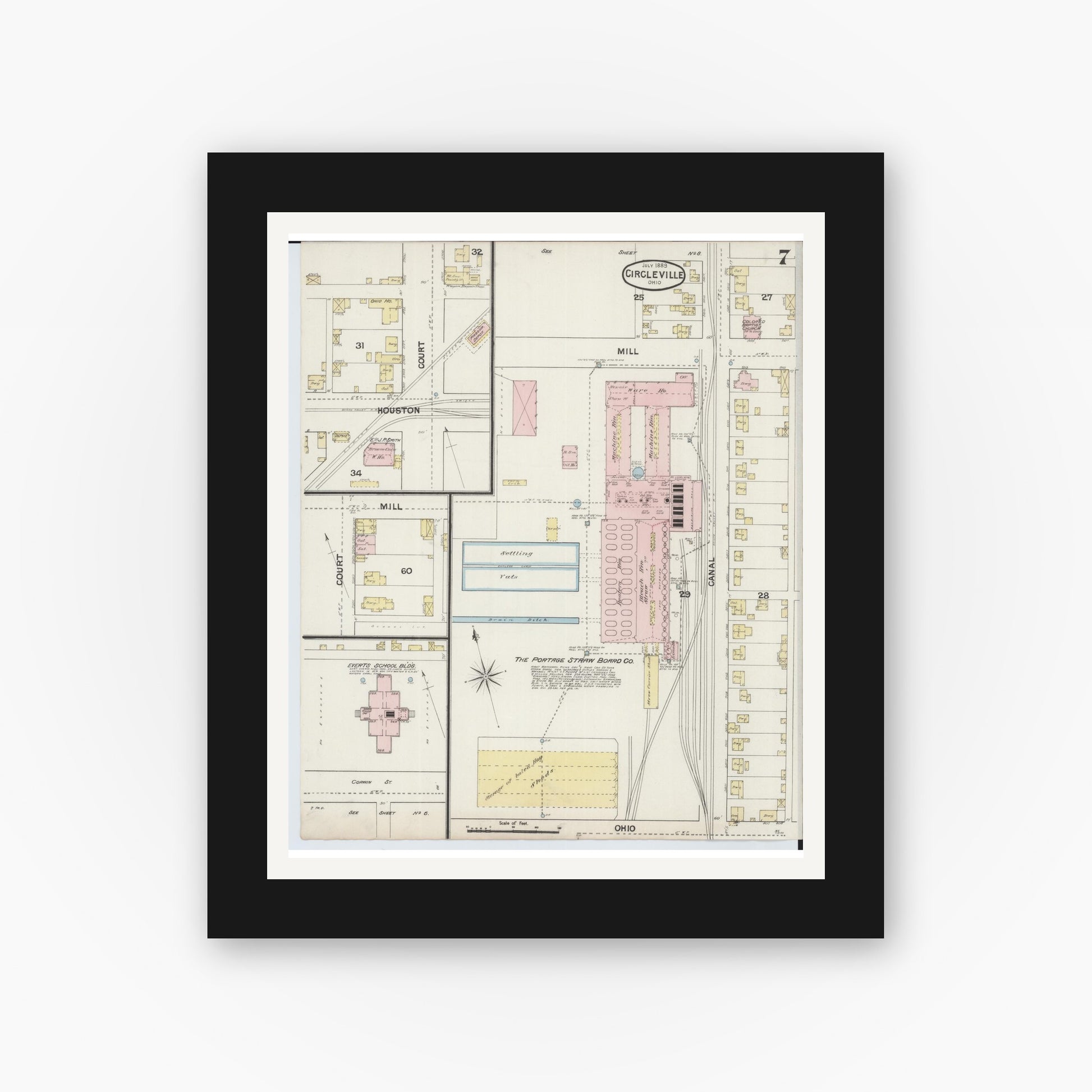 Old map wall art mockup — black gallery frame with white mat — Sanborn Fire Insurance Map from Circleville, Pickaway County, Ohio (1889), Sheet #0007
