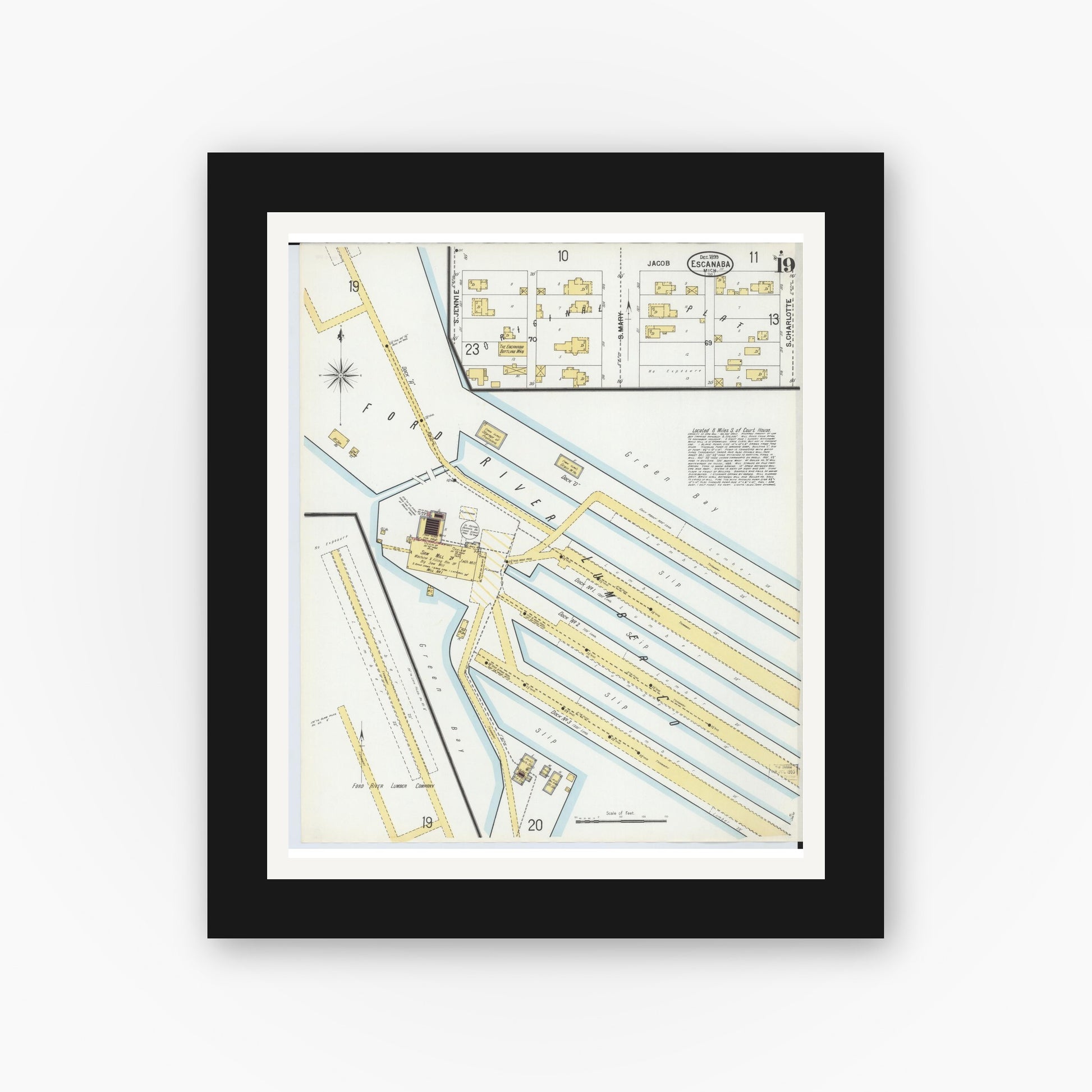 Old map wall art mockup — black gallery frame with white mat — Sanborn Fire Insurance Map from Escanaba, Delta County, Michigan (1899), Sheet #0019