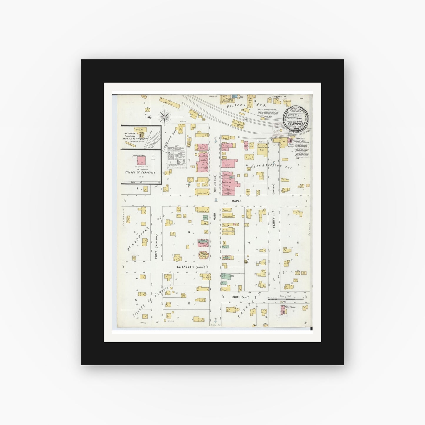 Old map wall art mockup — black gallery frame with white mat — Sanborn Fire Insurance Map from Fennville, Allegan County, Michigan (1899), Sheet #0001