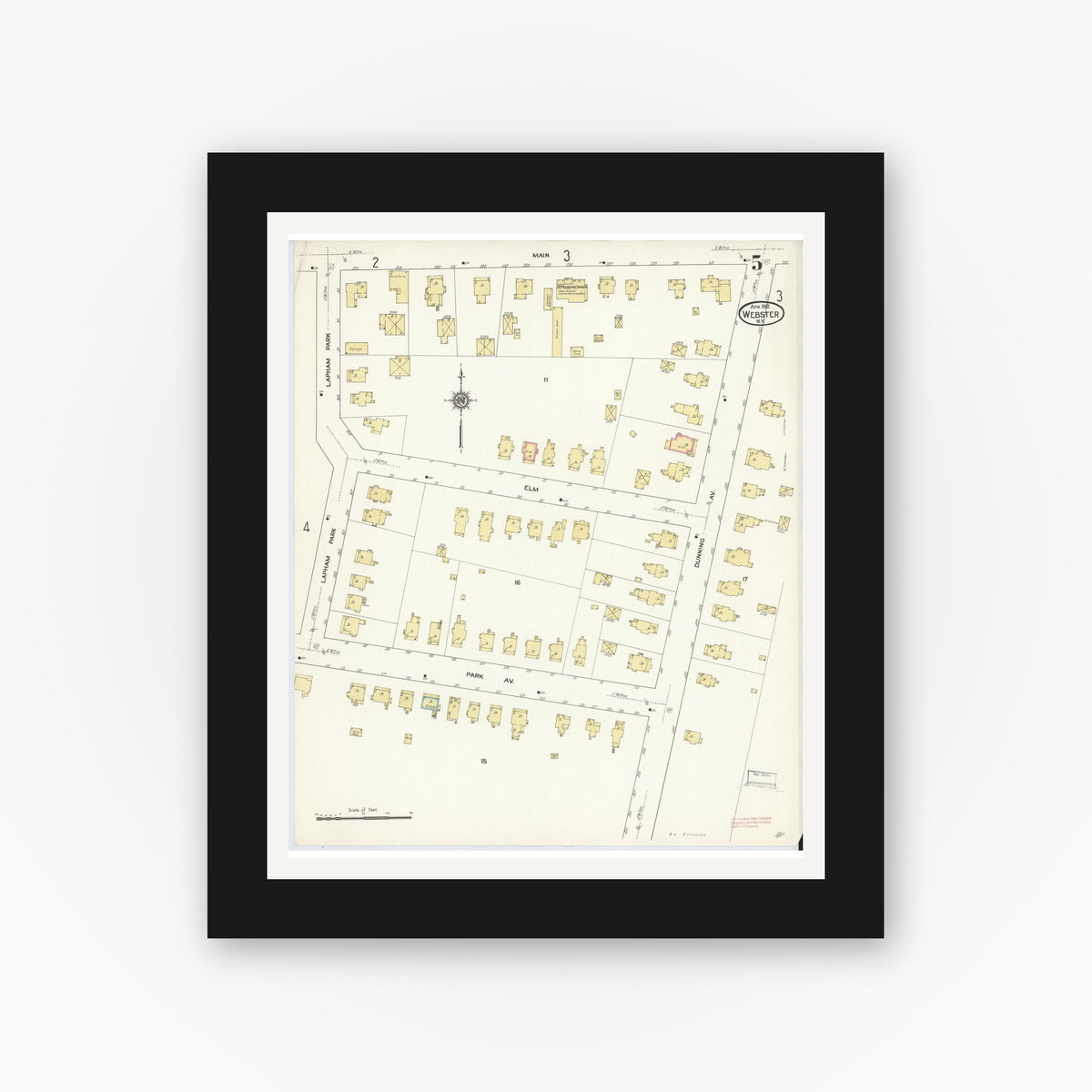 Old map wall art mockup — black gallery frame with white mat — Sanborn Fire Insurance Map from Webster, Monroe County, New York (1912), Sheet #0005