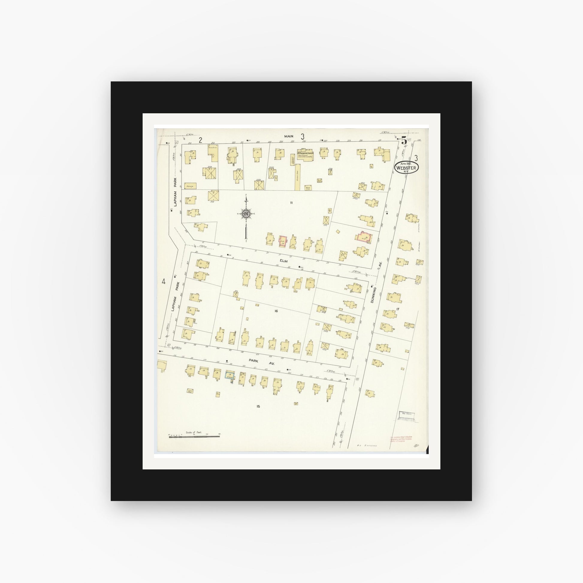 Old map wall art mockup — black gallery frame with white mat — Sanborn Fire Insurance Map from Webster, Monroe County, New York (1912), Sheet #0005