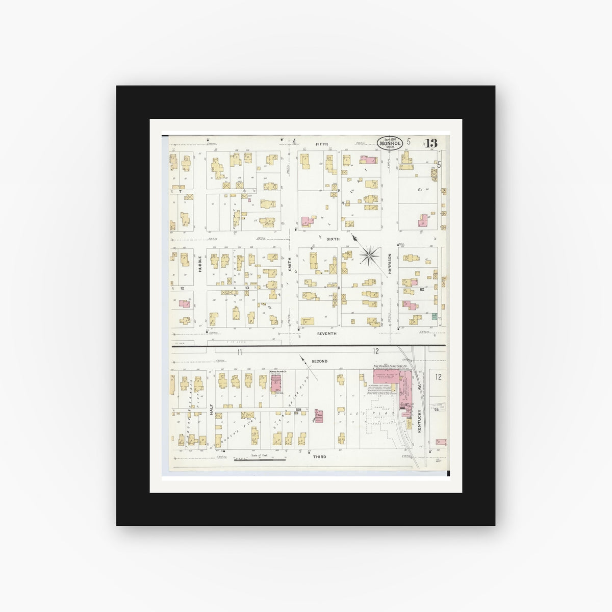 Old map wall art mockup — black gallery frame with white mat — Sanborn Fire Insurance Map from Monroe, Monroe County, Michigan (1908), Sheet #0013