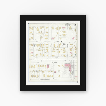 Old map wall art mockup — black gallery frame with white mat — Sanborn Fire Insurance Map from Monroe, Monroe County, Michigan (1908), Sheet #0013