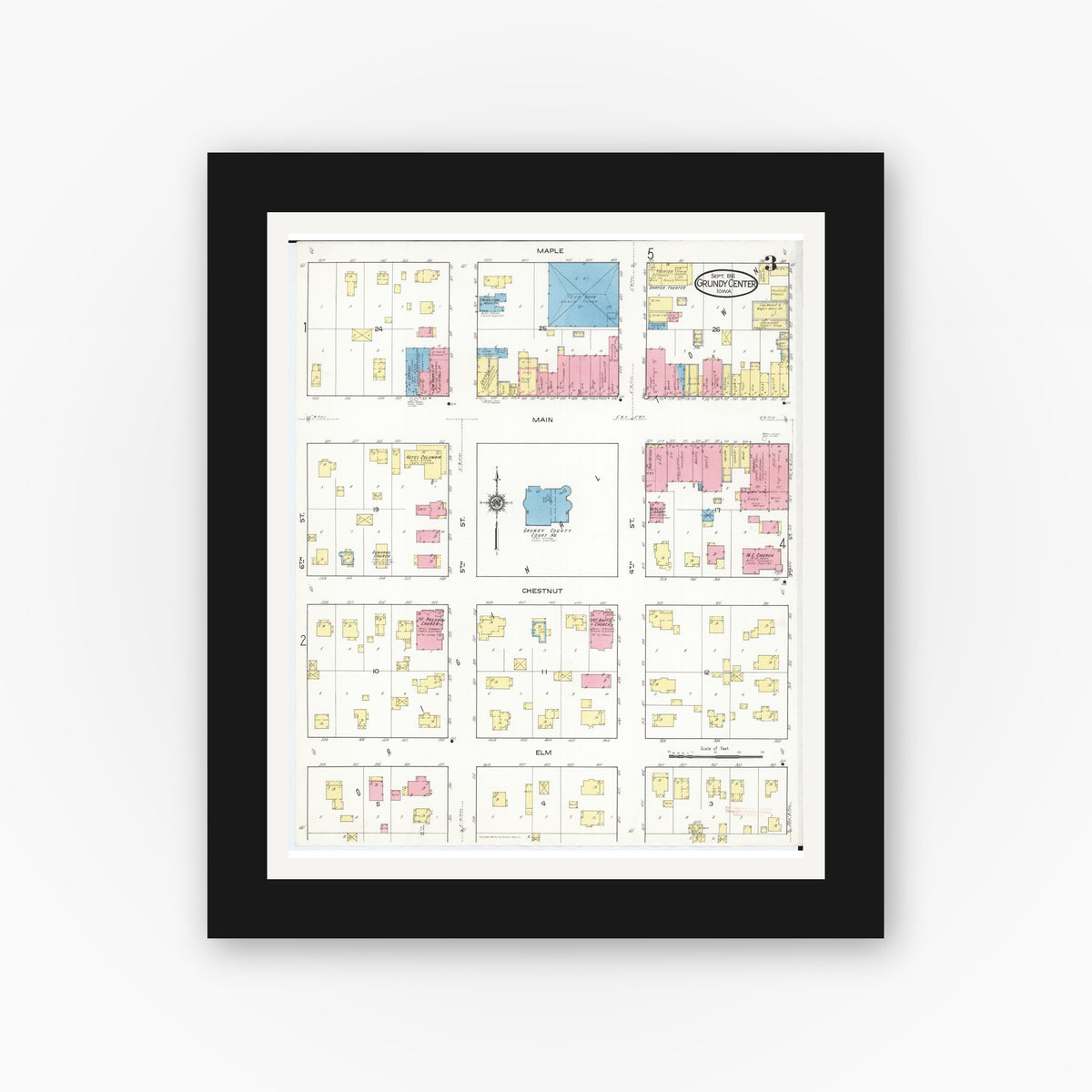 Old map wall art mockup — black gallery frame with white mat — Sanborn Fire Insurance Map from Grundy Center, Grundy County, Iowa (1916), Sheet #0003