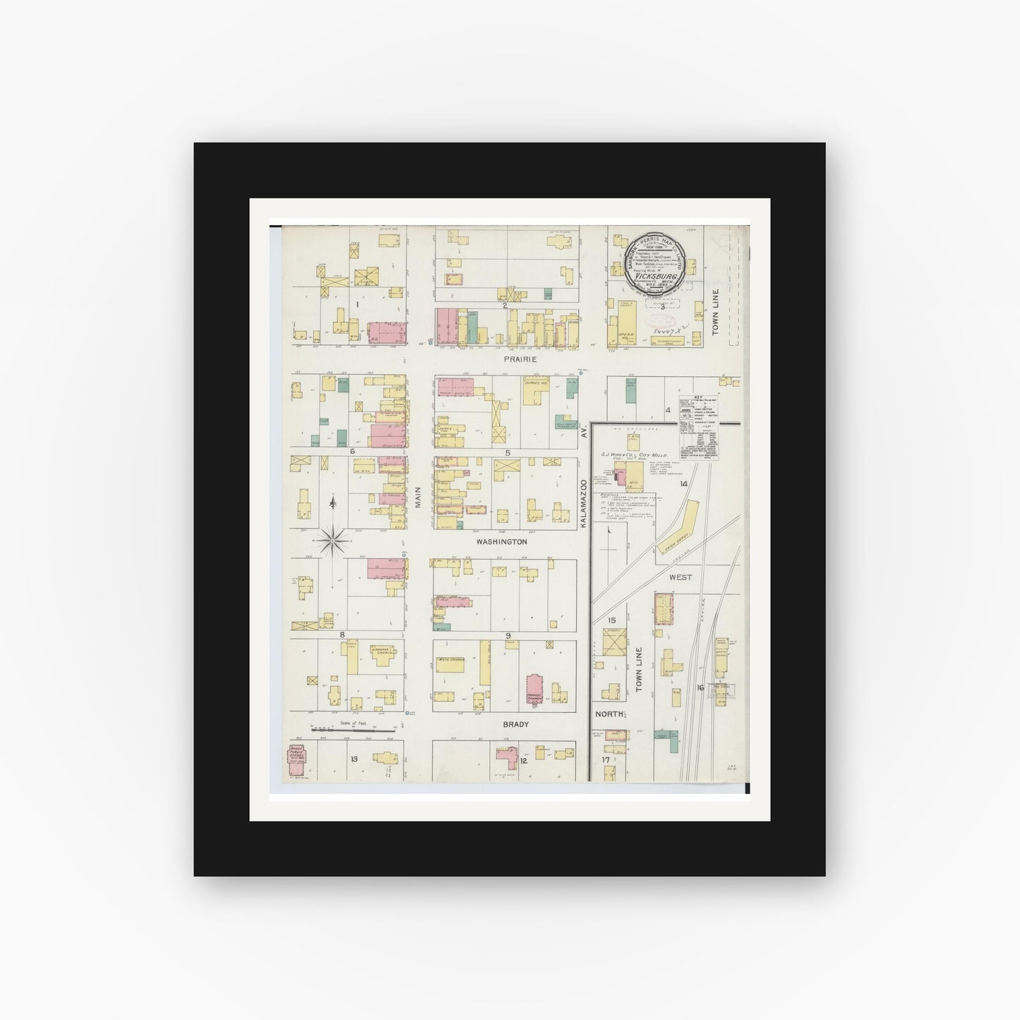 Old map wall art mockup — black gallery frame with white mat — Sanborn Fire Insurance Map from Vicksburg, Kalamazoo County, Michigan (1892), Sheet #0001
