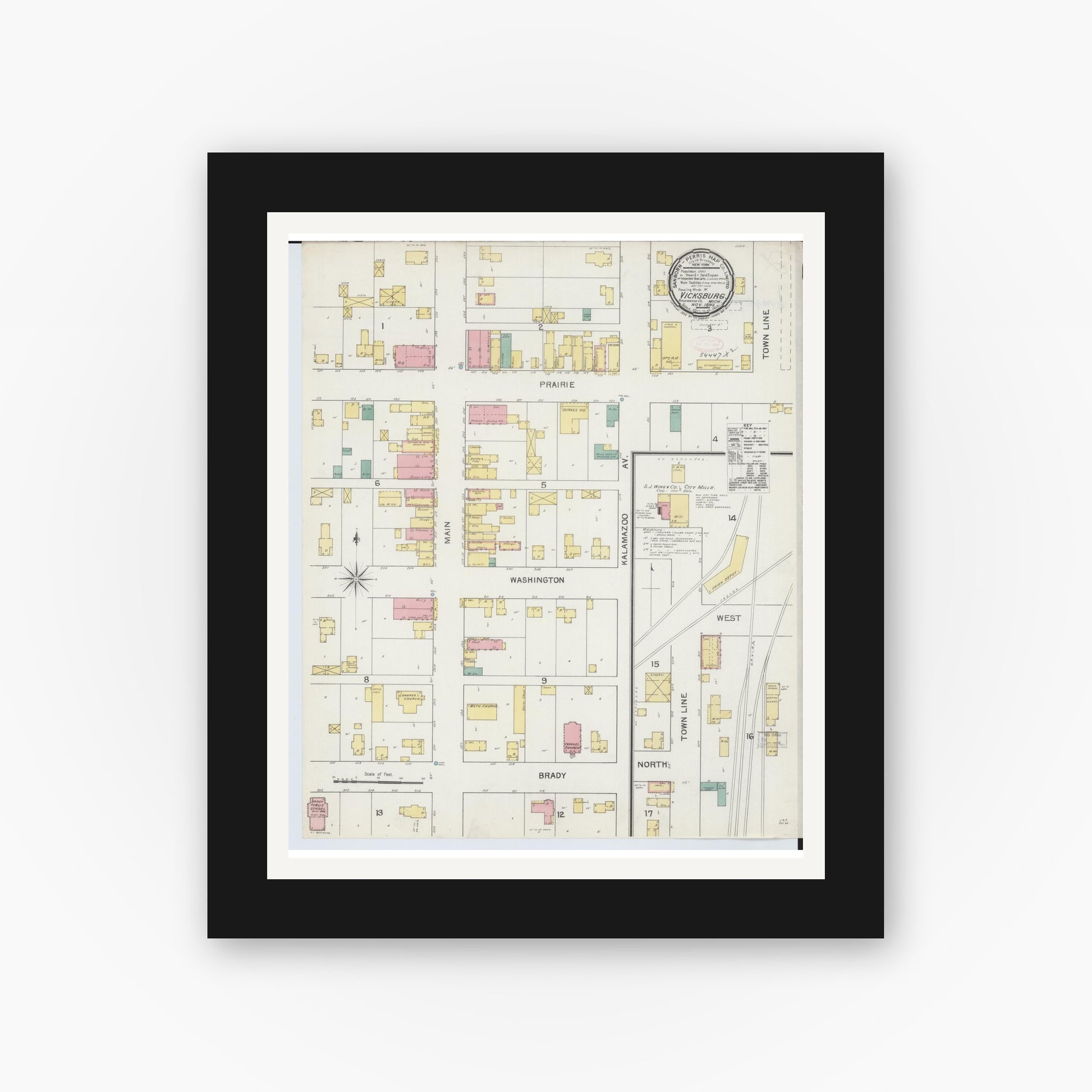 Old map wall art mockup — black gallery frame with white mat — Sanborn Fire Insurance Map from Vicksburg, Kalamazoo County, Michigan (1892), Sheet #0001