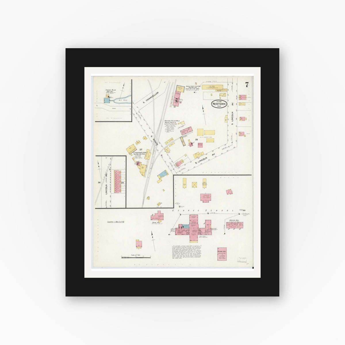 Old map wall art mockup — black gallery frame with white mat — Sanborn Fire Insurance Map from Newtown, Bucks County, Pennsylvania (1909), Sheet #0007