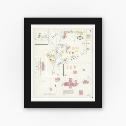 Old map wall art mockup — black gallery frame with white mat — Sanborn Fire Insurance Map from Newtown, Bucks County, Pennsylvania (1909), Sheet #0007
