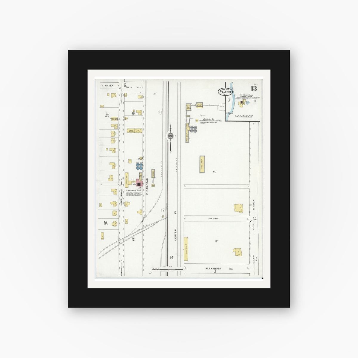 Old map wall art mockup — black gallery frame with white mat — Sanborn Fire Insurance Map from Plano, Collin County, Texas (1921), Sheet #0013
