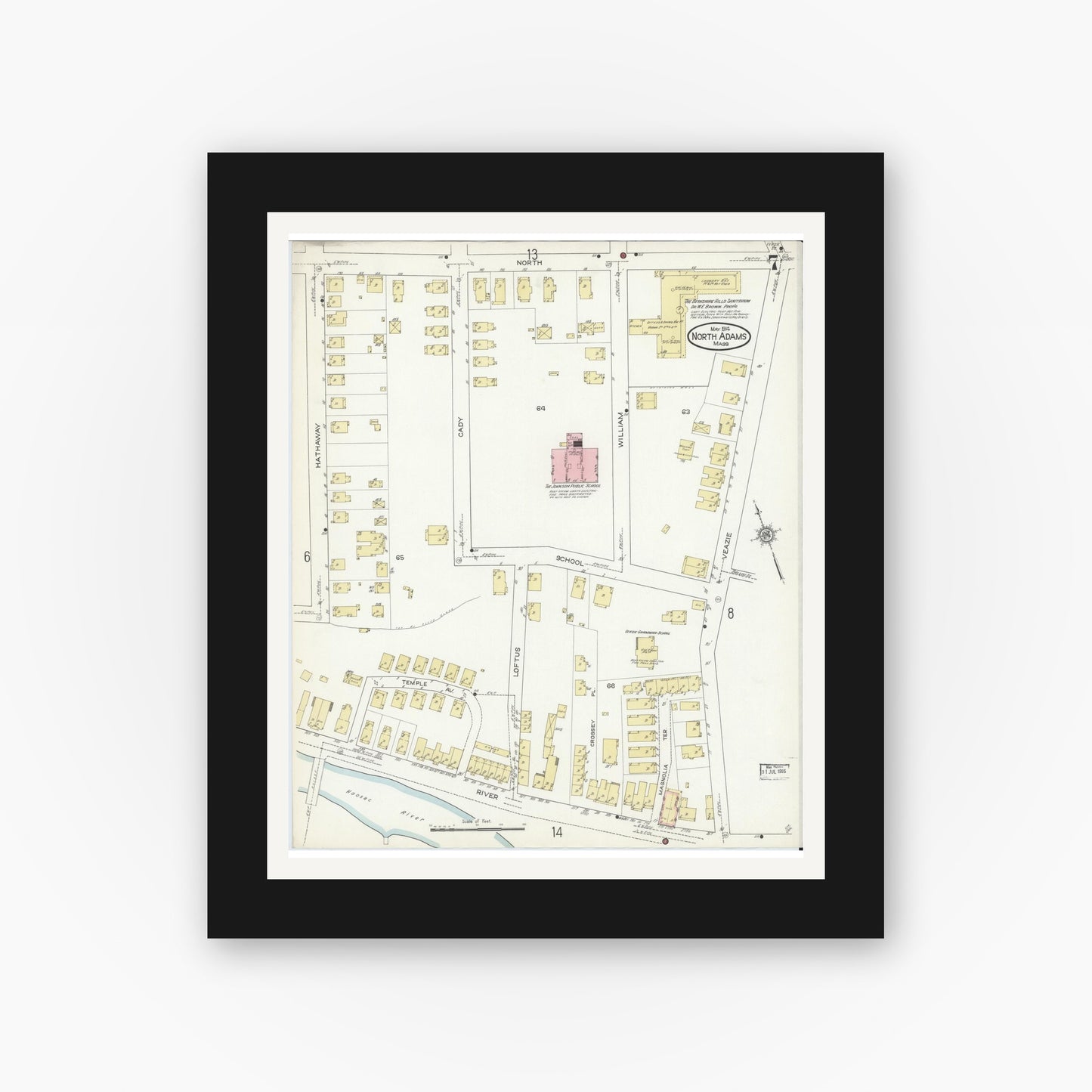 Old map wall art mockup — black gallery frame with white mat — Sanborn Fire Insurance Map from North Adams, Berkshire County, Massachusetts (1914), Sheet #0007