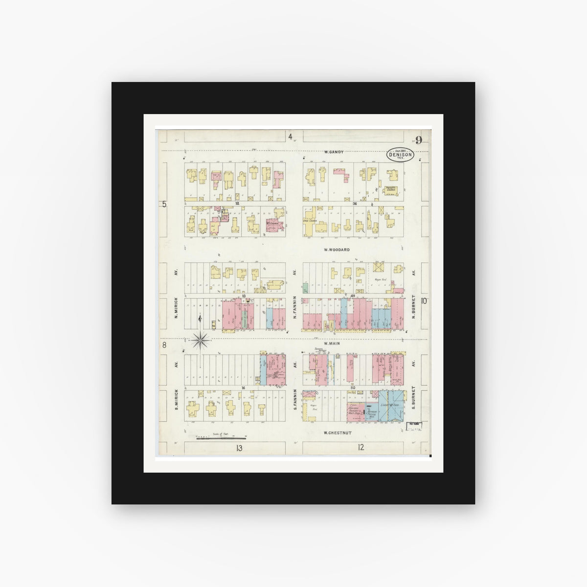 Old map wall art mockup — black gallery frame with white mat — Sanborn Fire Insurance Map from Denison, Grayson County, Texas (1897), Sheet #0009