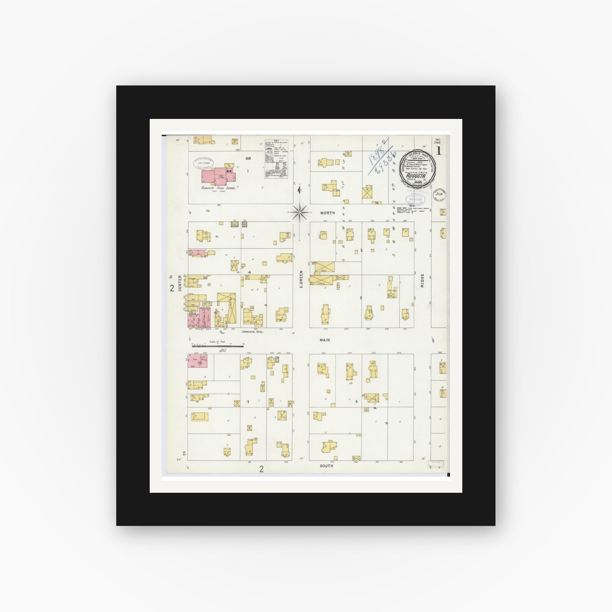 Old map wall art mockup — black gallery frame with white mat — Sanborn Fire Insurance Map from Augusta, Hancock County, Illinois (1898) - Complete Map Set