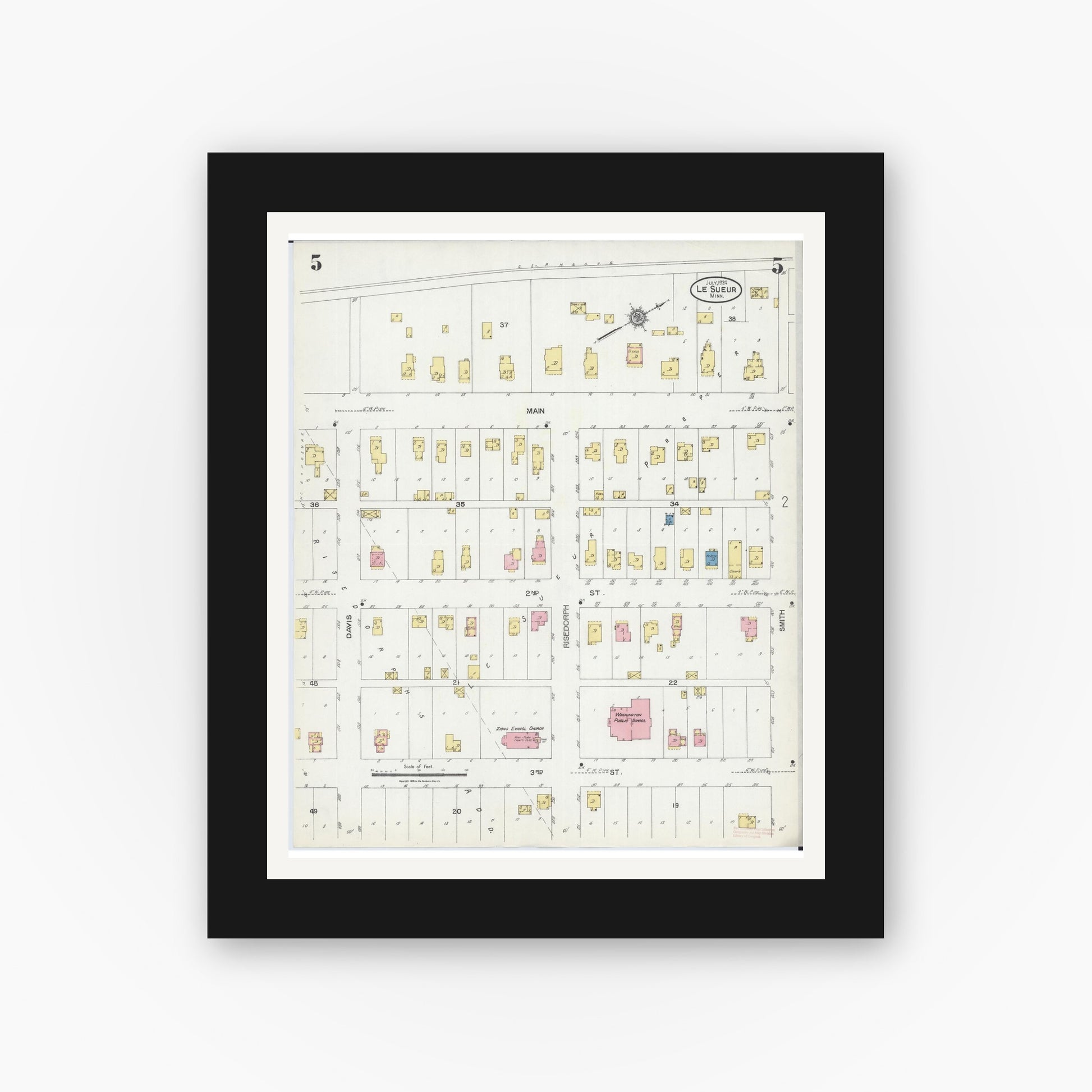 Old map wall art mockup — black gallery frame with white mat — Sanborn Fire Insurance Map from Le Sueur, Le Sueur County, Minnesota (1924), Sheet #0005