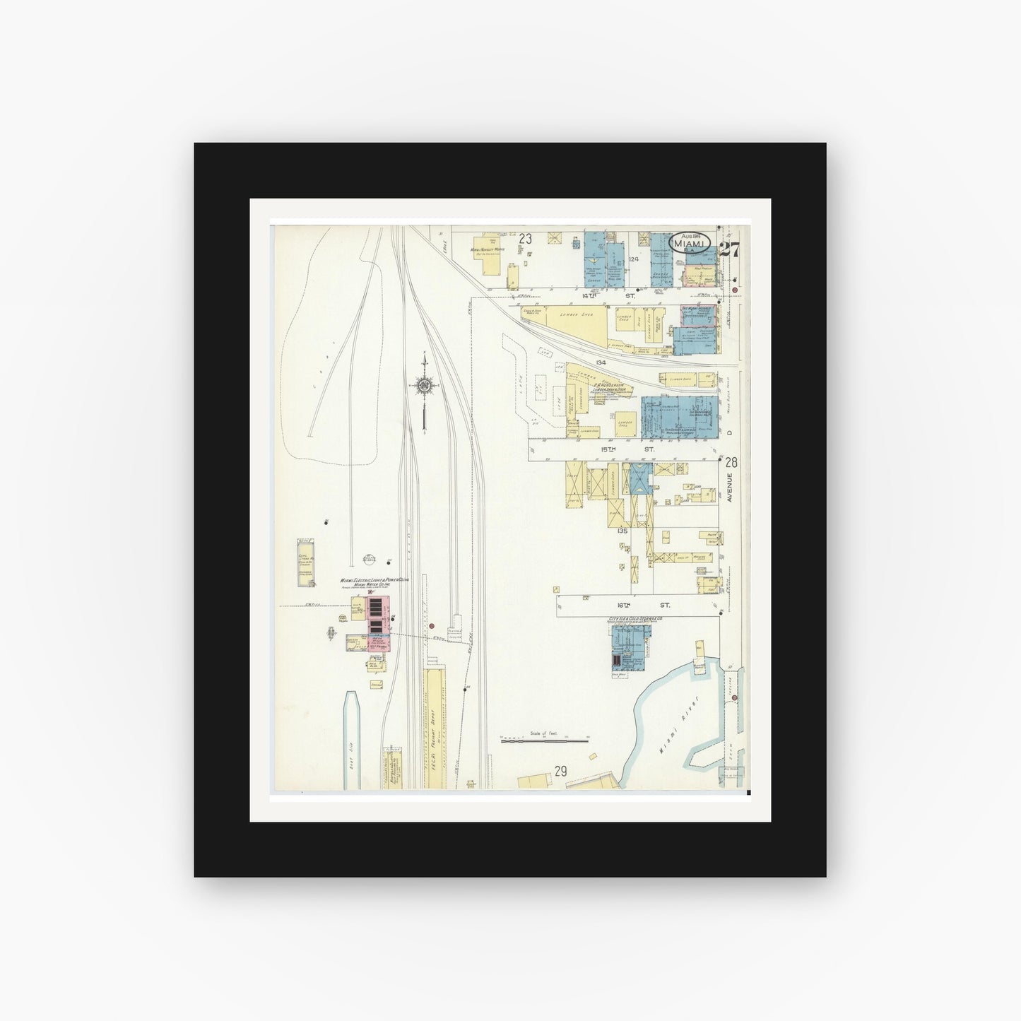 Old map wall art mockup — black gallery frame with white mat — Sanborn Fire Insurance Map from Miami, Dade County, Florida (1914), Sheet #0027