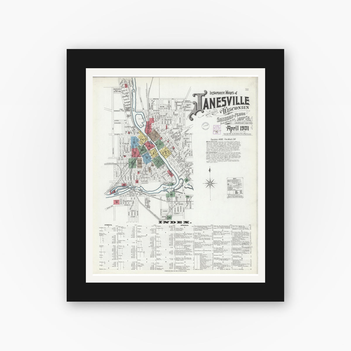 Old map wall art mockup — black gallery frame with white mat — Sanborn Fire Insurance Map from Janesville, Rock County, Wisconsin (1901) - Complete Map Set