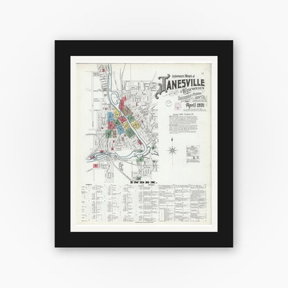 Old map wall art mockup — black gallery frame with white mat — Sanborn Fire Insurance Map from Janesville, Rock County, Wisconsin (1901) - Complete Map Set
