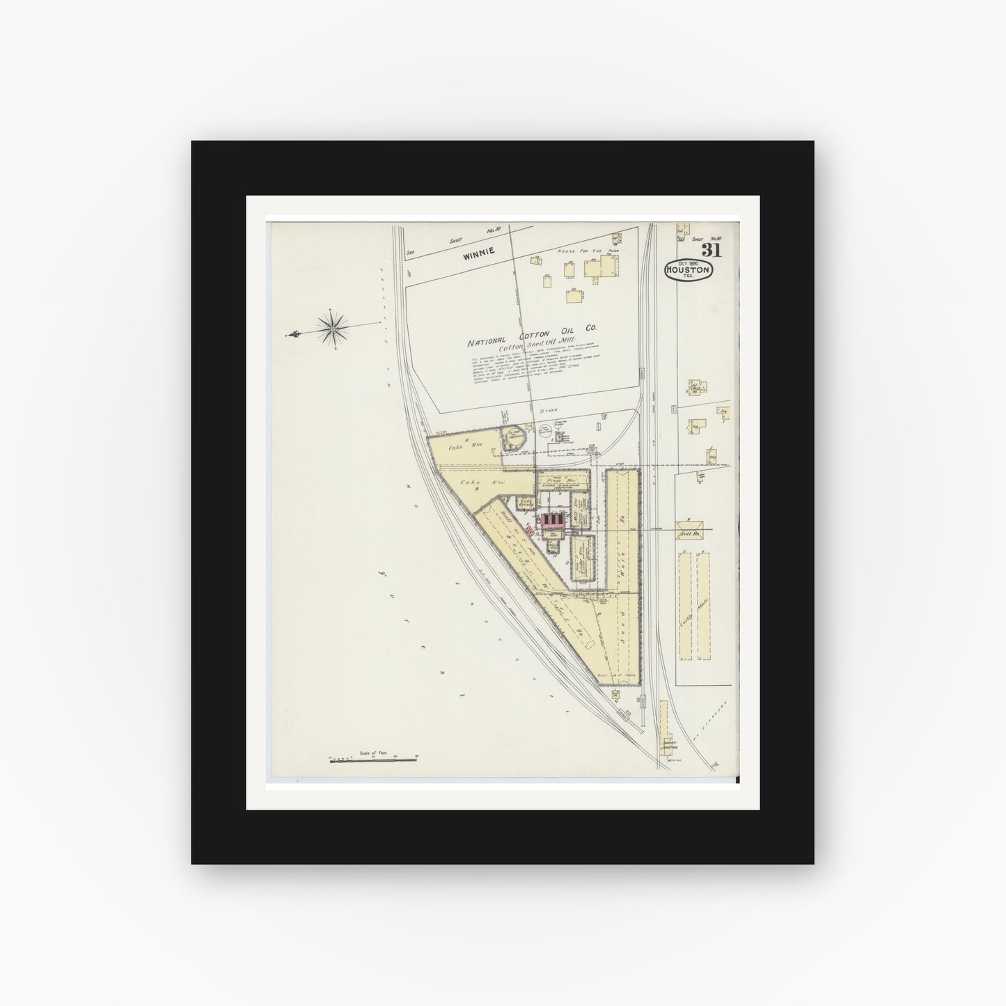 Old map wall art mockup — black gallery frame with white mat — Sanborn Fire Insurance Map from Houston, Harris County, Texas (1890), Sheet #0031