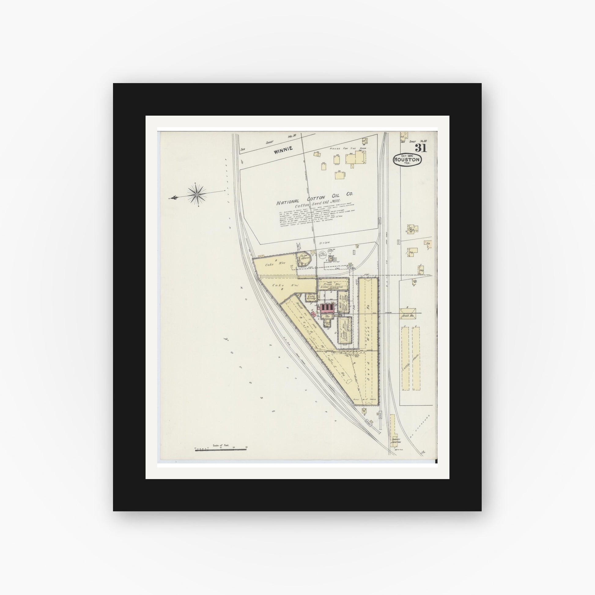Old map wall art mockup — black gallery frame with white mat — Sanborn Fire Insurance Map from Houston, Harris County, Texas (1890), Sheet #0031