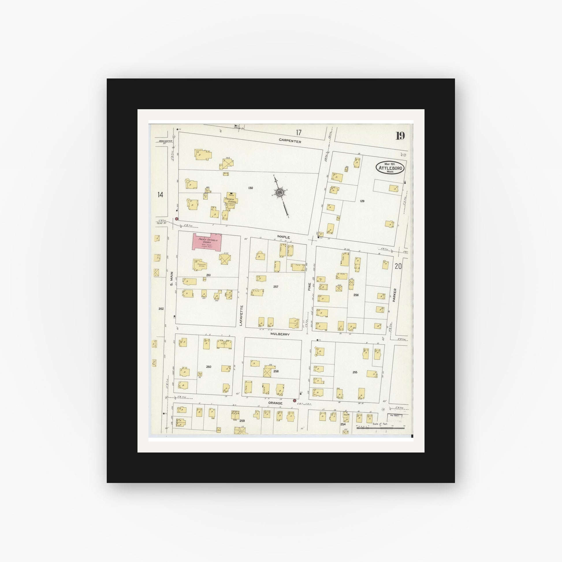 Old map wall art mockup — black gallery frame with white mat — Sanborn Fire Insurance Map from Attleboro, Bristol County, Massachusetts (1911), Sheet #0019