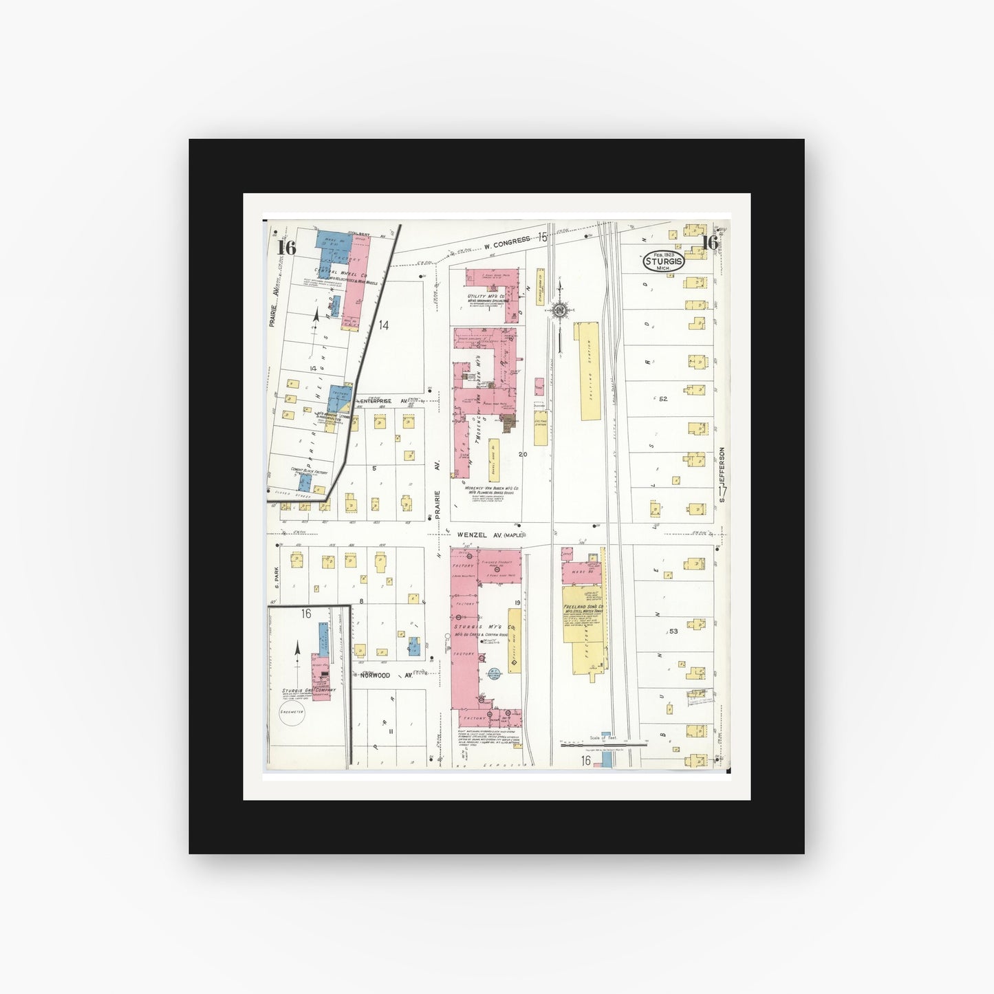 Old map wall art mockup — black gallery frame with white mat — Sanborn Fire Insurance Map from Sturgis, Saint Joseph County, Michigan (1923), Sheet #0016