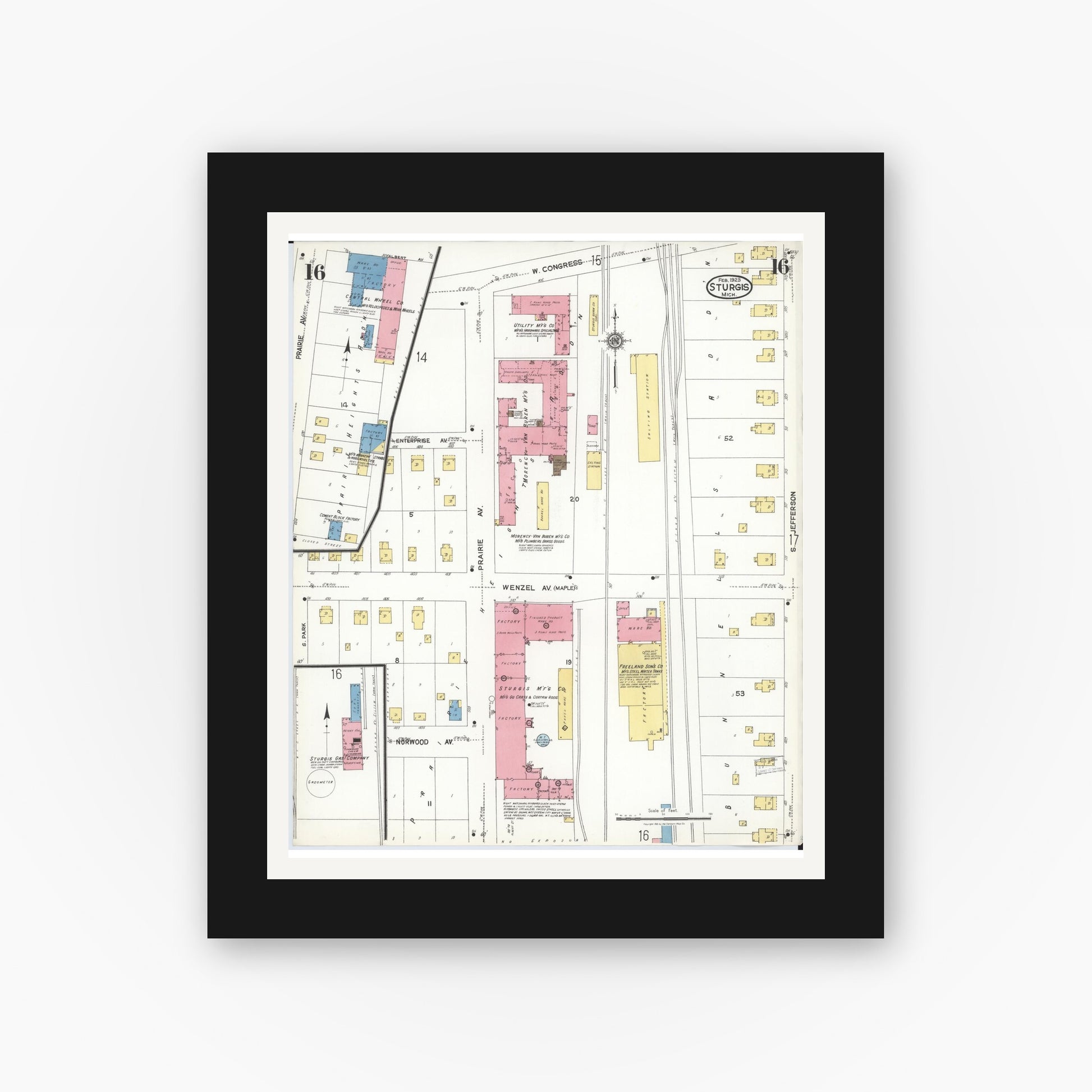 Old map wall art mockup — black gallery frame with white mat — Sanborn Fire Insurance Map from Sturgis, Saint Joseph County, Michigan (1923), Sheet #0016