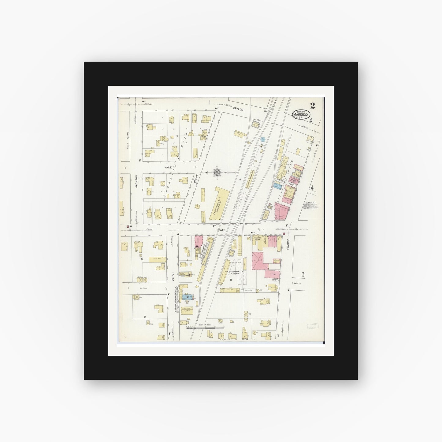 Old map wall art mockup — black gallery frame with white mat — Sanborn Fire Insurance Map from Marengo, McHenry County, Illinois (1912), Sheet #0002