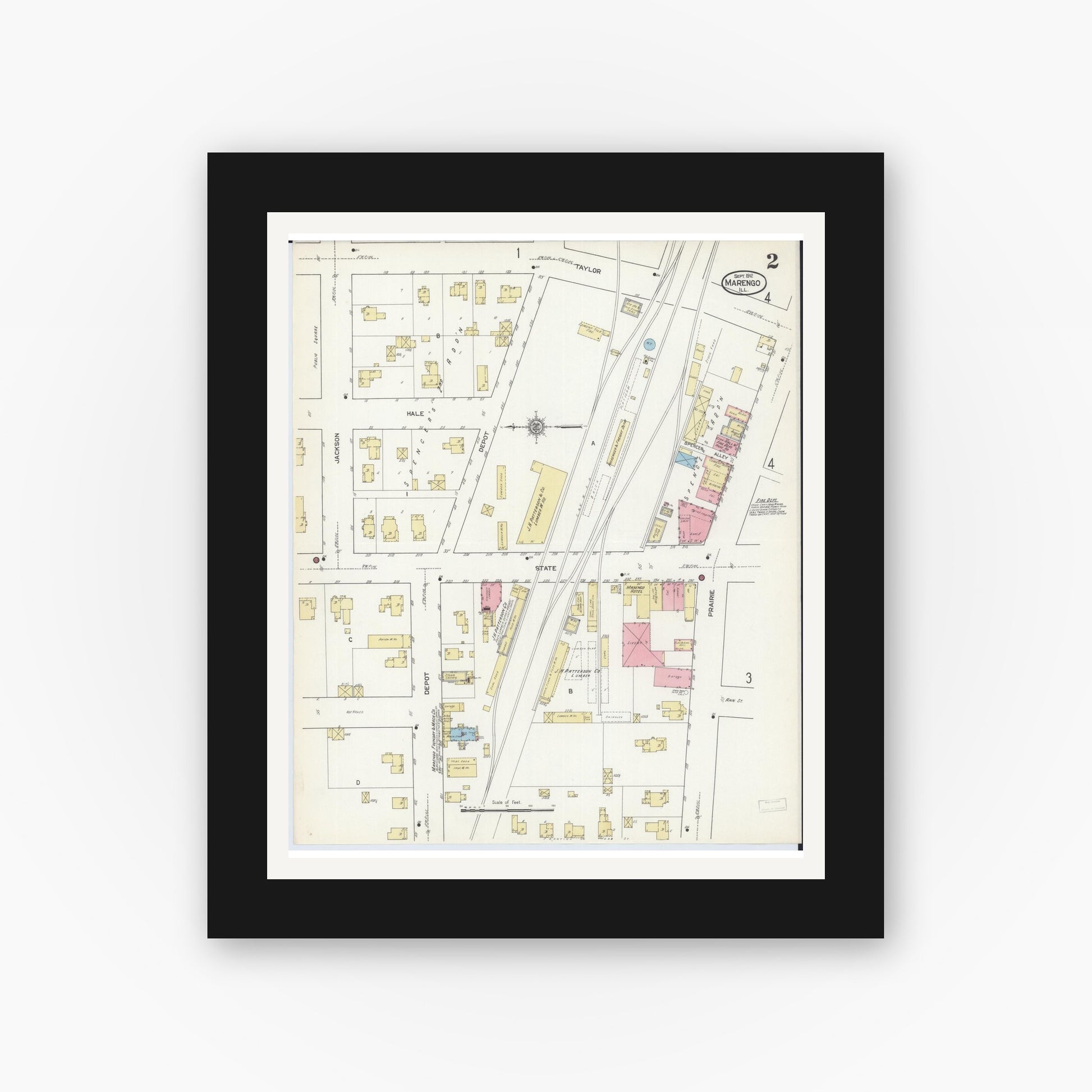 Old map wall art mockup — black gallery frame with white mat — Sanborn Fire Insurance Map from Marengo, McHenry County, Illinois (1912), Sheet #0002