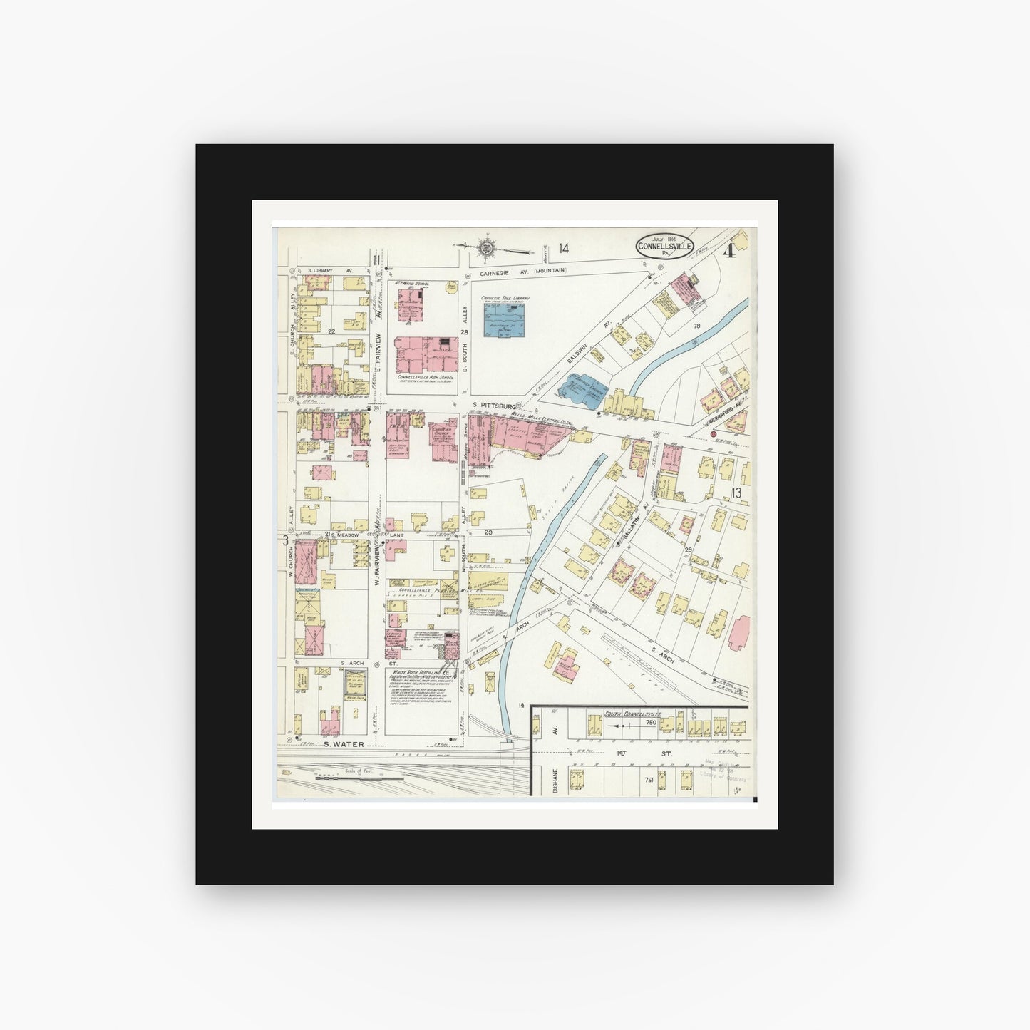 Old map wall art mockup — black gallery frame with white mat — Sanborn Fire Insurance Map from Connellsville, Fayette County, Pennsylvania (1914), Sheet #0004
