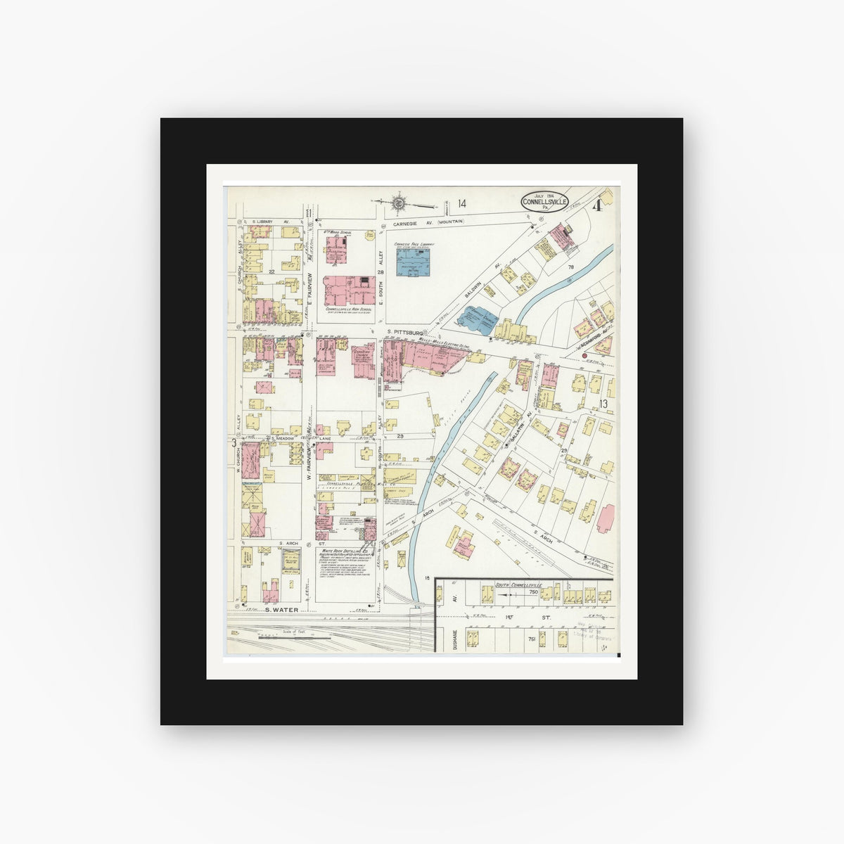 Old map wall art mockup — black gallery frame with white mat — Sanborn Fire Insurance Map from Connellsville, Fayette County, Pennsylvania (1914), Sheet #0004