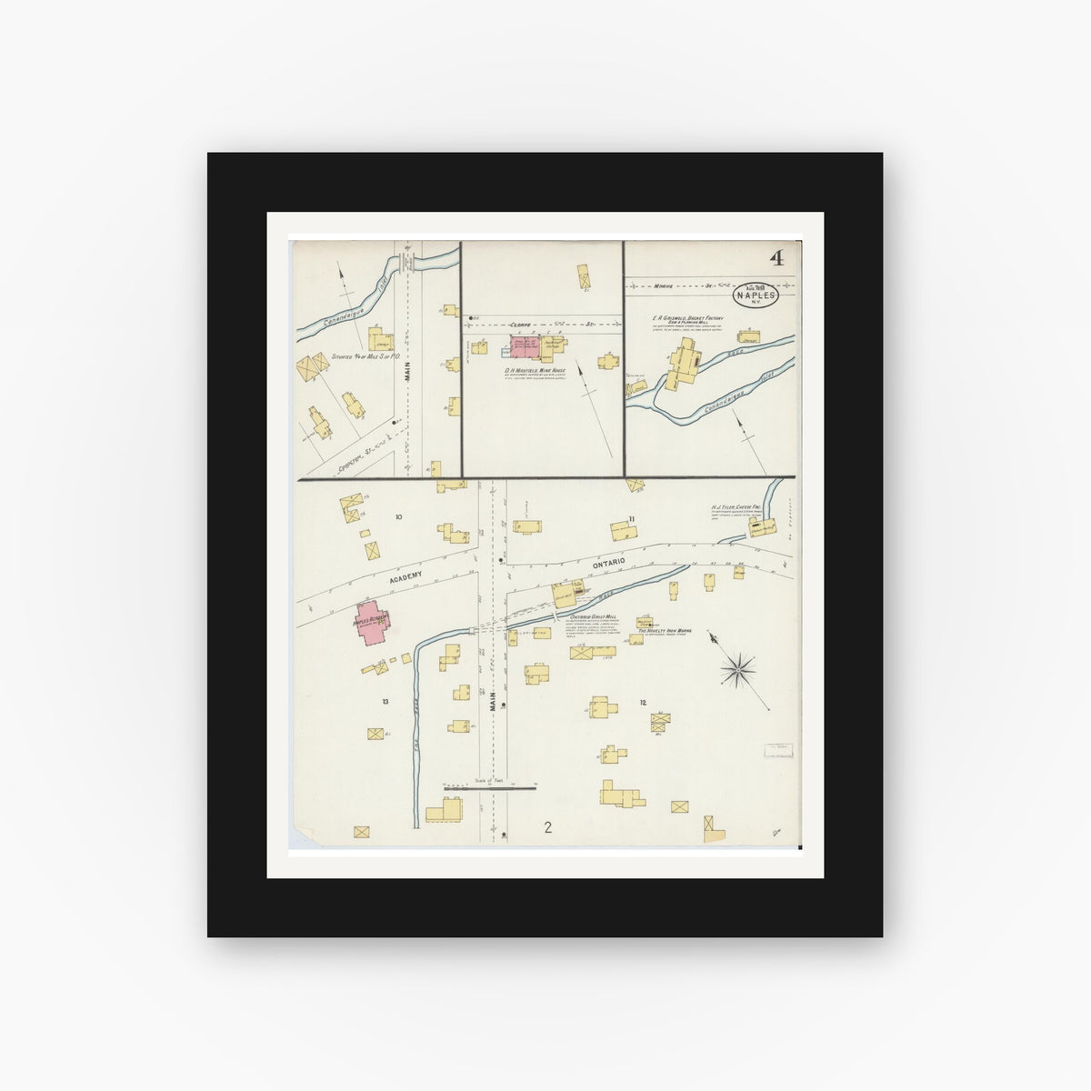 Old map wall art mockup — black gallery frame with white mat — Sanborn Fire Insurance Map from Naples, Ontario County, New York (1898), Sheet #0004