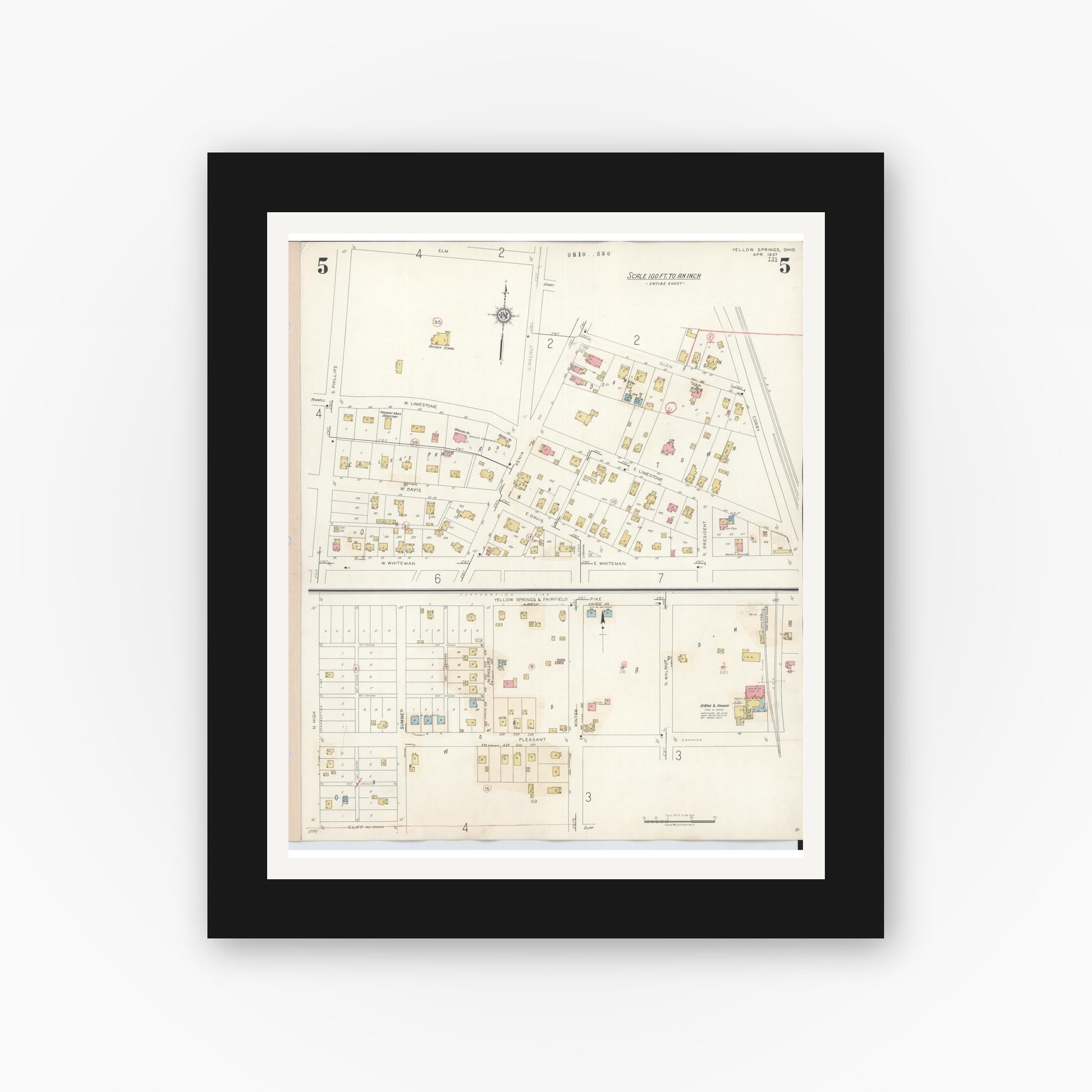 Old map wall art mockup — black gallery frame with white mat — Sanborn Fire Insurance Map from Yellow Springs, Greene County, Ohio (1945), Sheet #0005