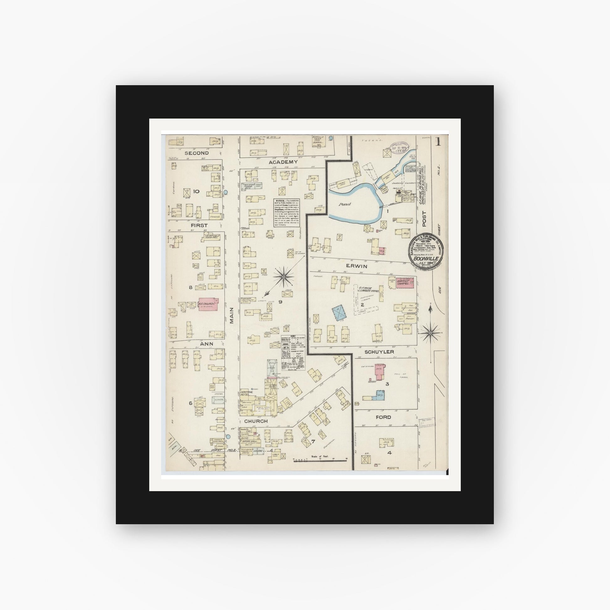 Old map wall art mockup — black gallery frame with white mat — Sanborn Fire Insurance Map from Boonville, Oneida County, New York (1884), Sheet #0001