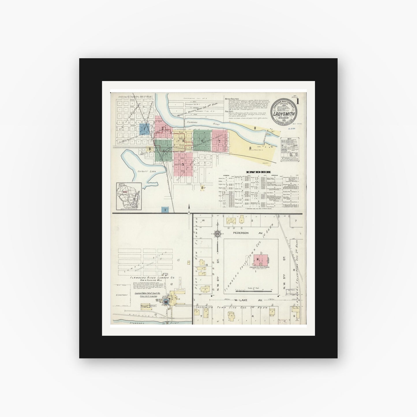 Old map wall art mockup — black gallery frame with white mat — Sanborn Fire Insurance Map from Ladysmith, Rusk County, Wisconsin (1914) - Complete Map Set