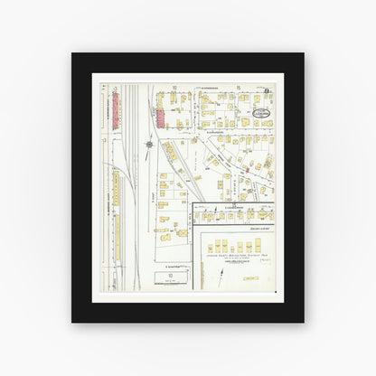 Old map wall art mockup — black gallery frame with white mat — Sanborn Fire Insurance Map from Cleburne, Johnson County, Texas (1918), Sheet #0009