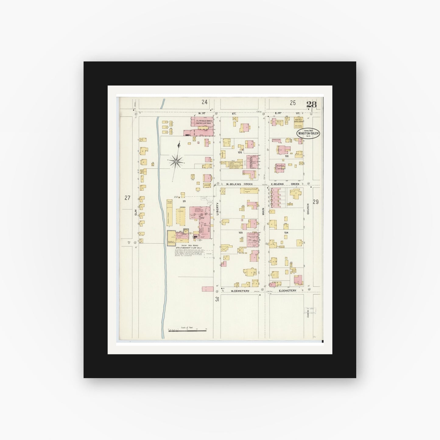 Old map wall art mockup — black gallery frame with white mat — Sanborn Fire Insurance Map from Winston-Salem, Forsyth County, North Carolina (1907), Sheet #0028